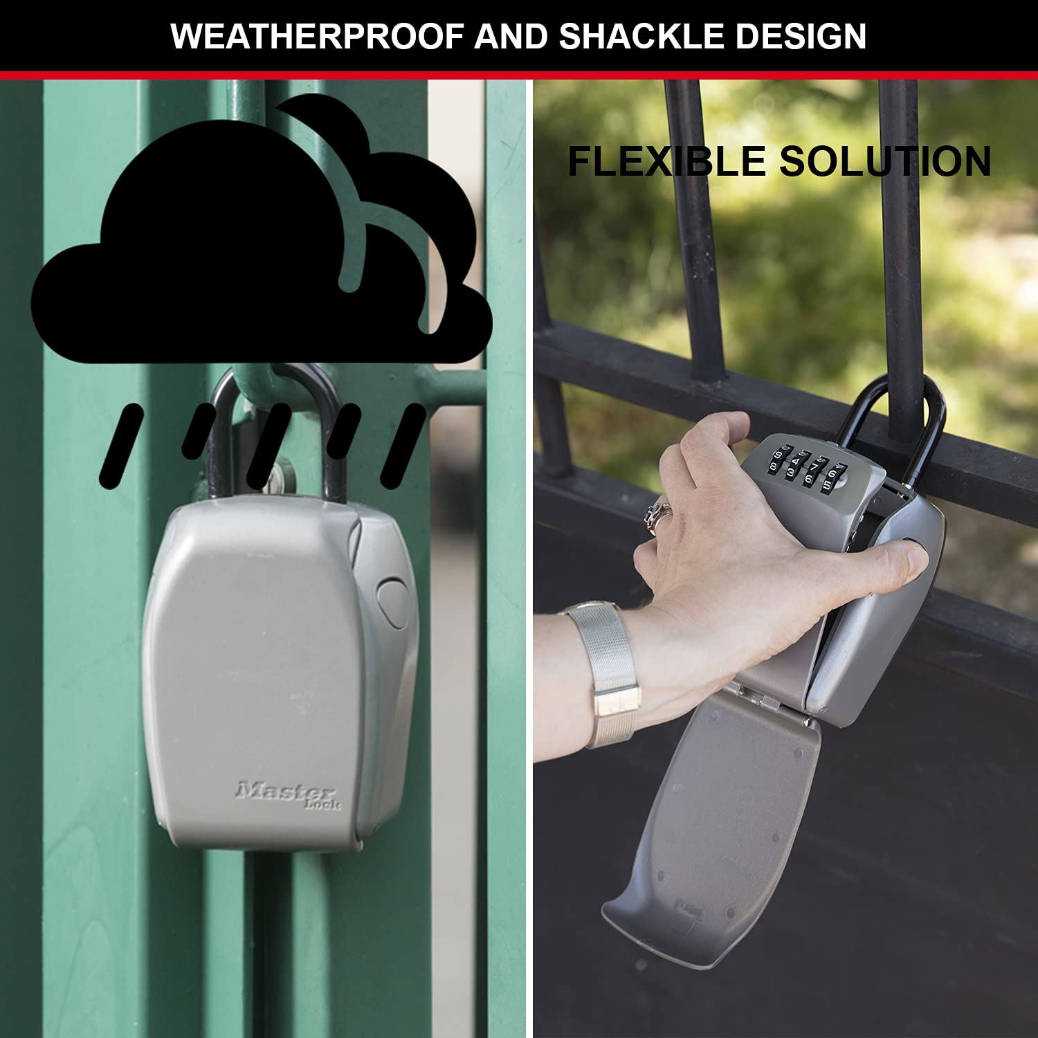 Master Lock 5414EC four-digit combination dial enables customizable access.