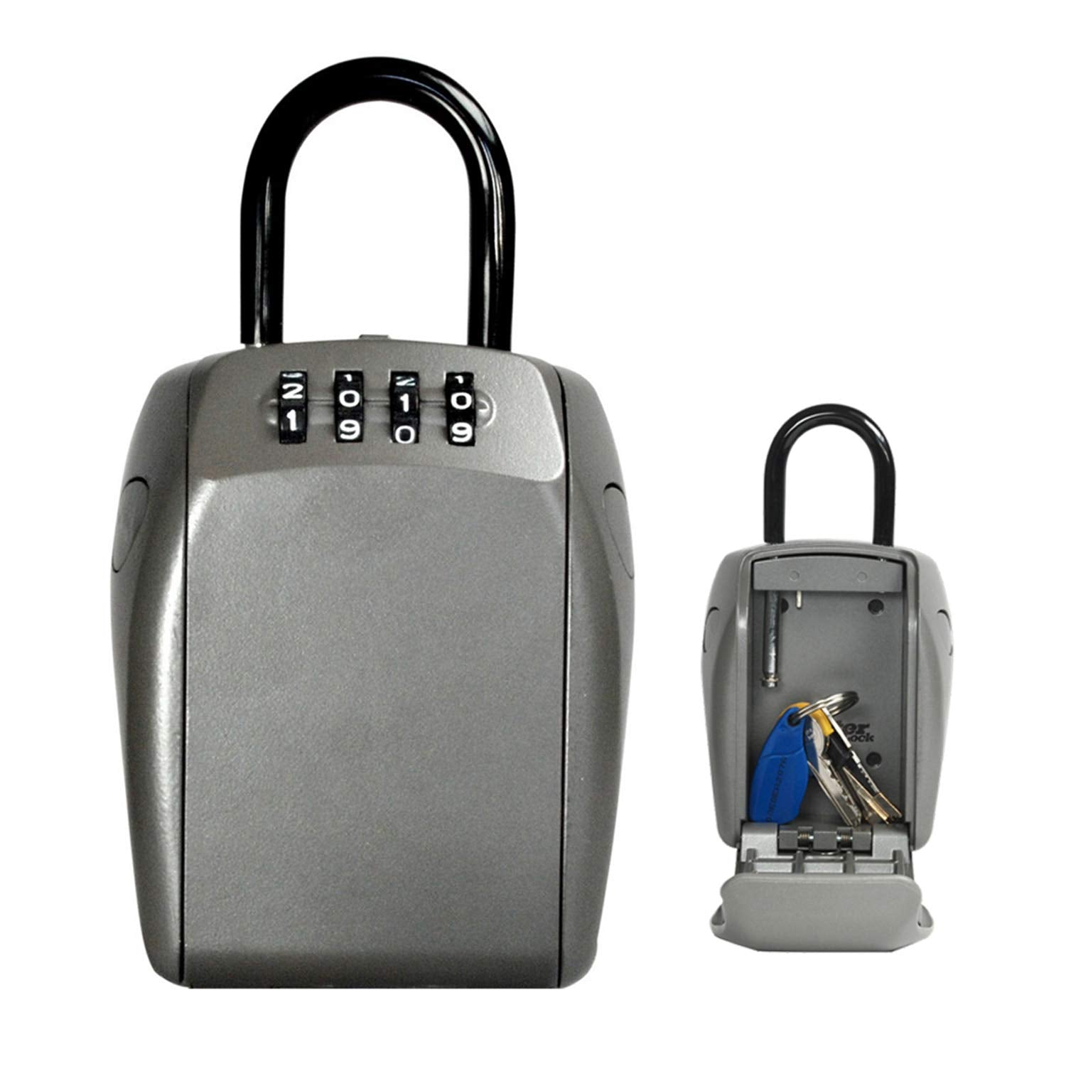 Master Lock 5414EC heavy-duty key lock box front view shows durable design for secure outdoors.