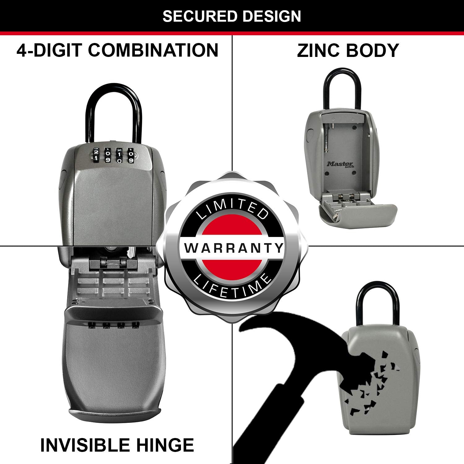 Master Lock 5414EC shackle and knob compatibility image indicates versatile mounting options.