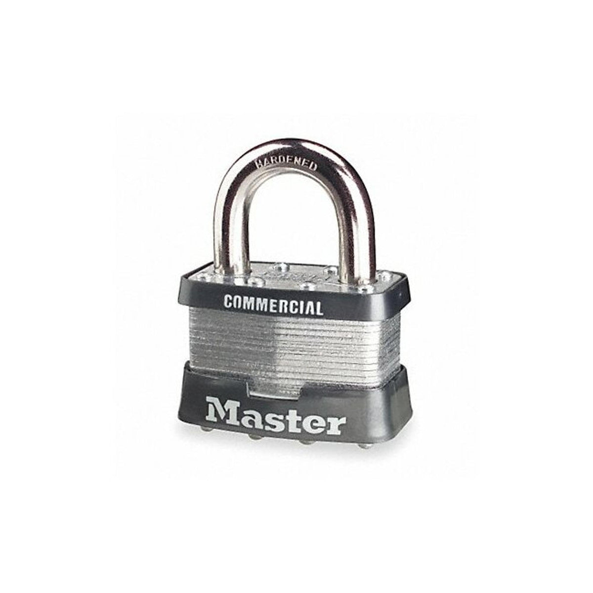 Master Lock 5KA A451 padlock front view highlighting durable laminated body for cabinet security.