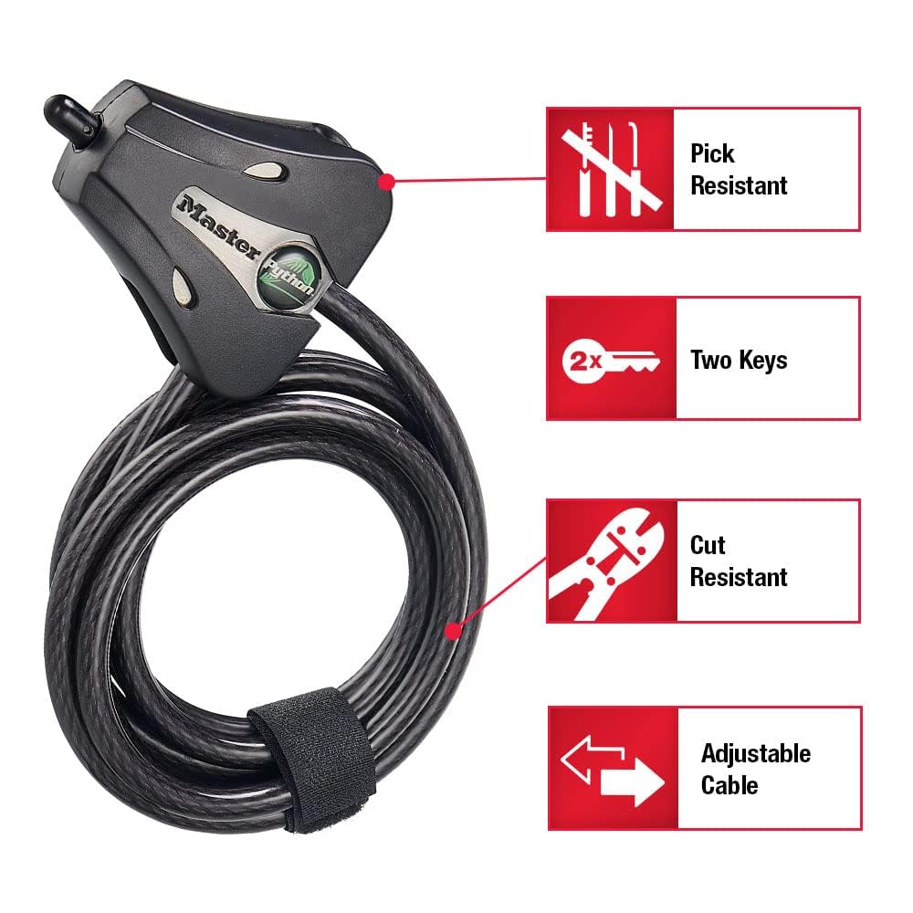 Master Lock 8418D Python cable lock 6 ft long for versatile bike security.