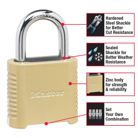 Master Lock 875D hardened shackle close-up demonstrates cut resistance for outdoor use