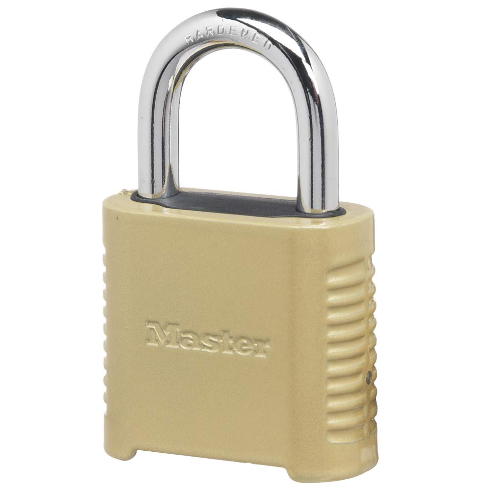Master Lock 875D brass finish lock body close-up shows rugged outdoor protection and weather resistance
