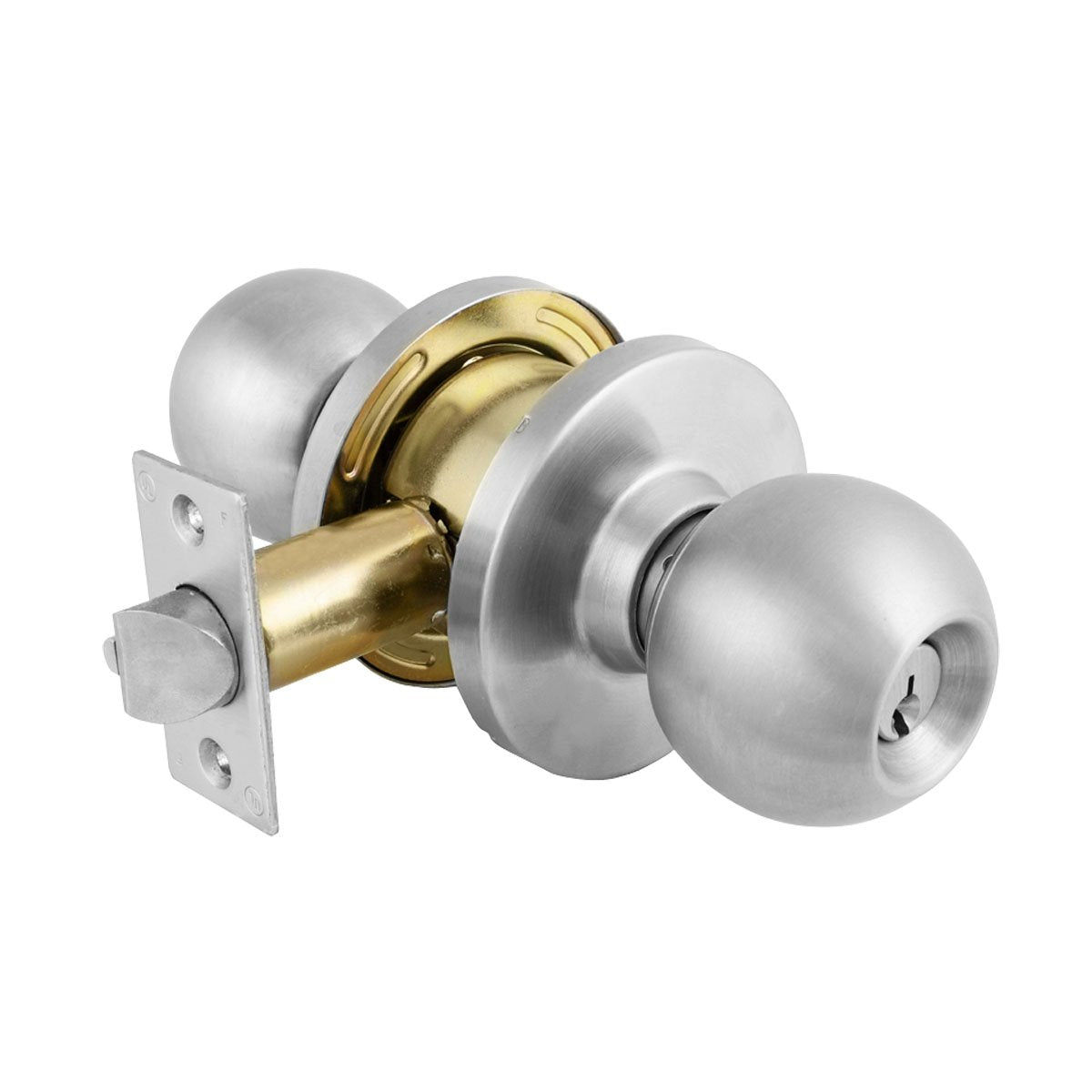 Master Lock BLC0232DKA4 brushed chrome storeroom ball knob front view for secure storage access