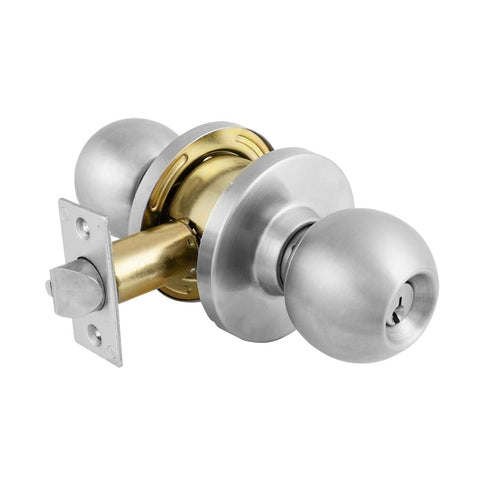 Master Lock BLC0232DKA4 brushed chrome storeroom ball knob front view for secure storage access