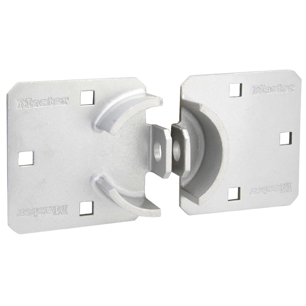 Master Lock chrome hasp lock on a doorway showing enhanced exterior security