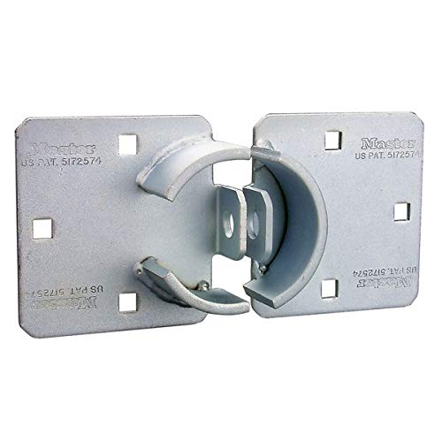 Master Lock chrome hasp lock with protective coverage deterring bolt cutters