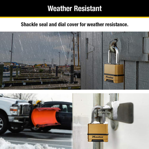 Master Lock M175XDLF weather seal protects dial and shackle.