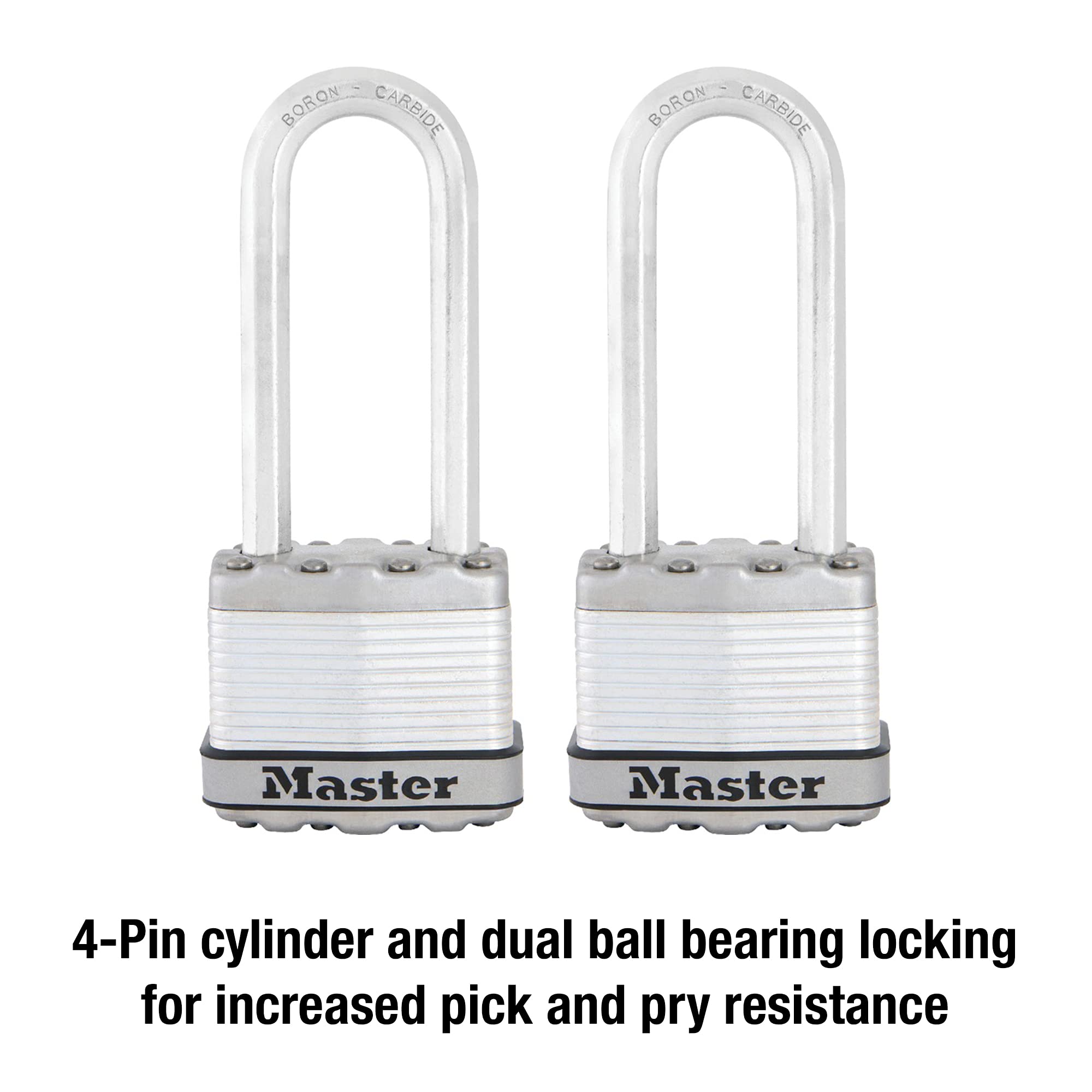Master Lock M1XTLJ 4-pin cylinder with dual bearings enhances security against tampering.