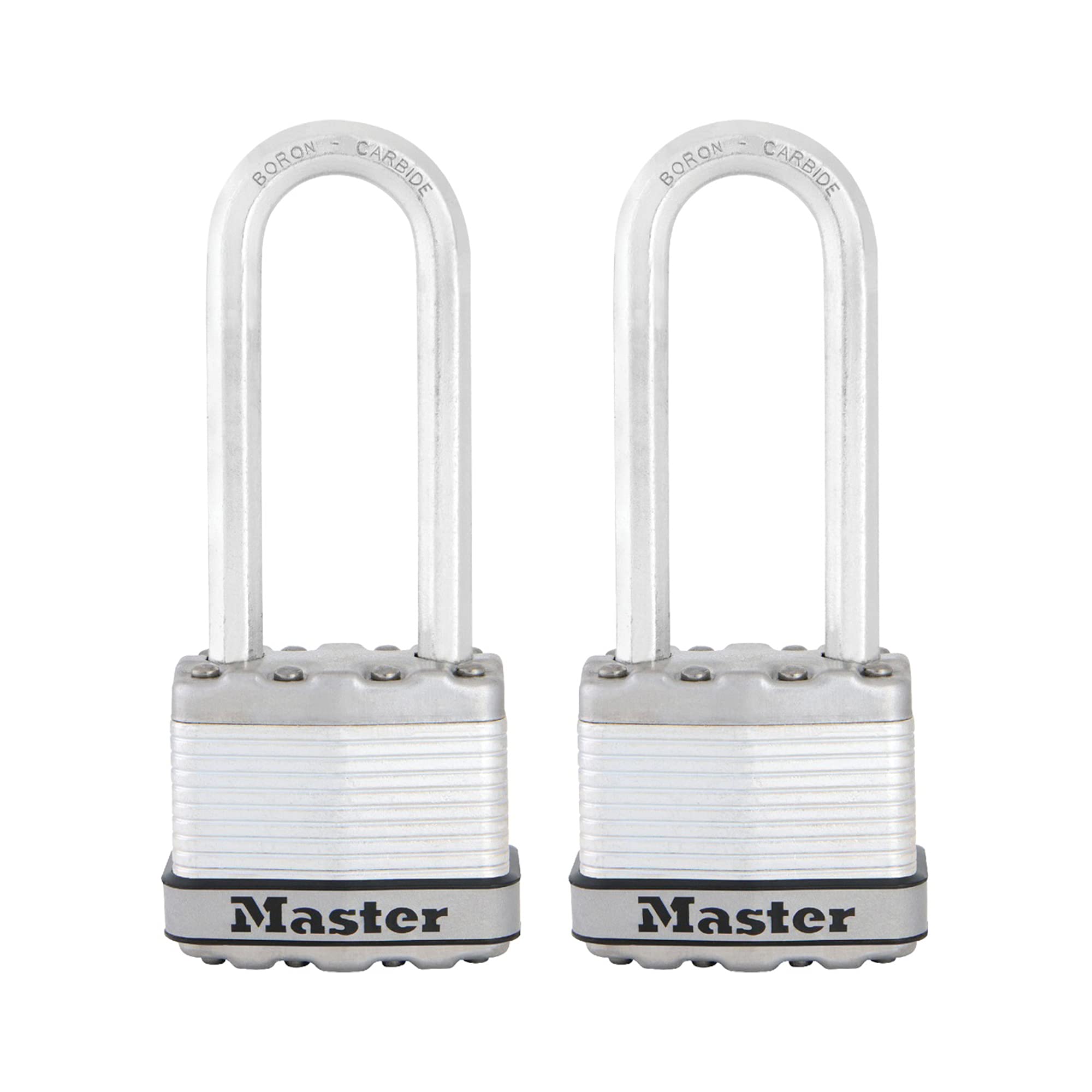 Master Lock M1XTLJ padlock body close-up showing laminated steel strength for outdoor security.