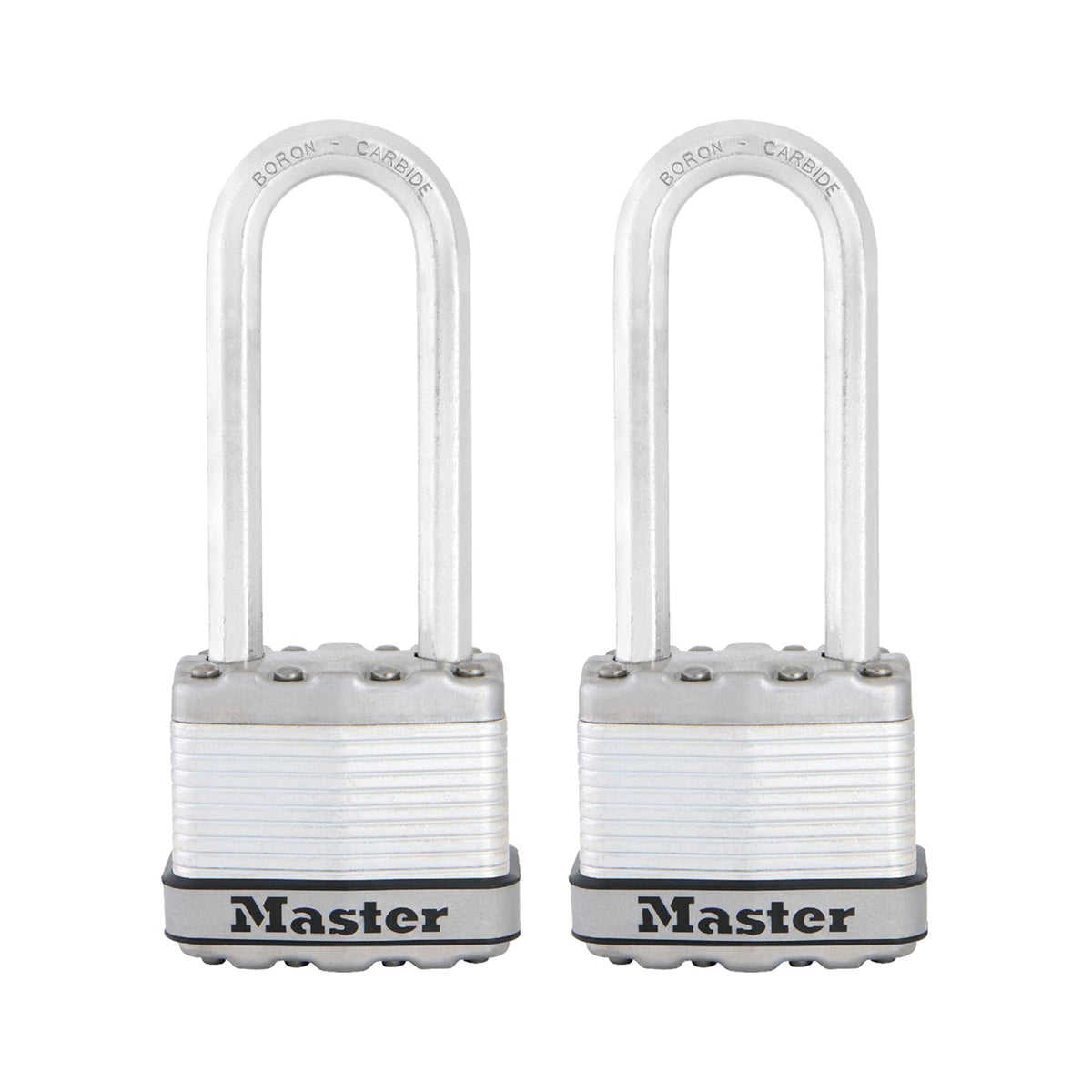 Master Lock M1XTLJ padlock body close-up showing laminated steel strength for outdoor security.