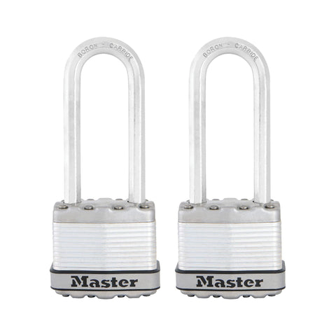Master Lock M1XTLJ padlock body close-up showing laminated steel strength for outdoor security.