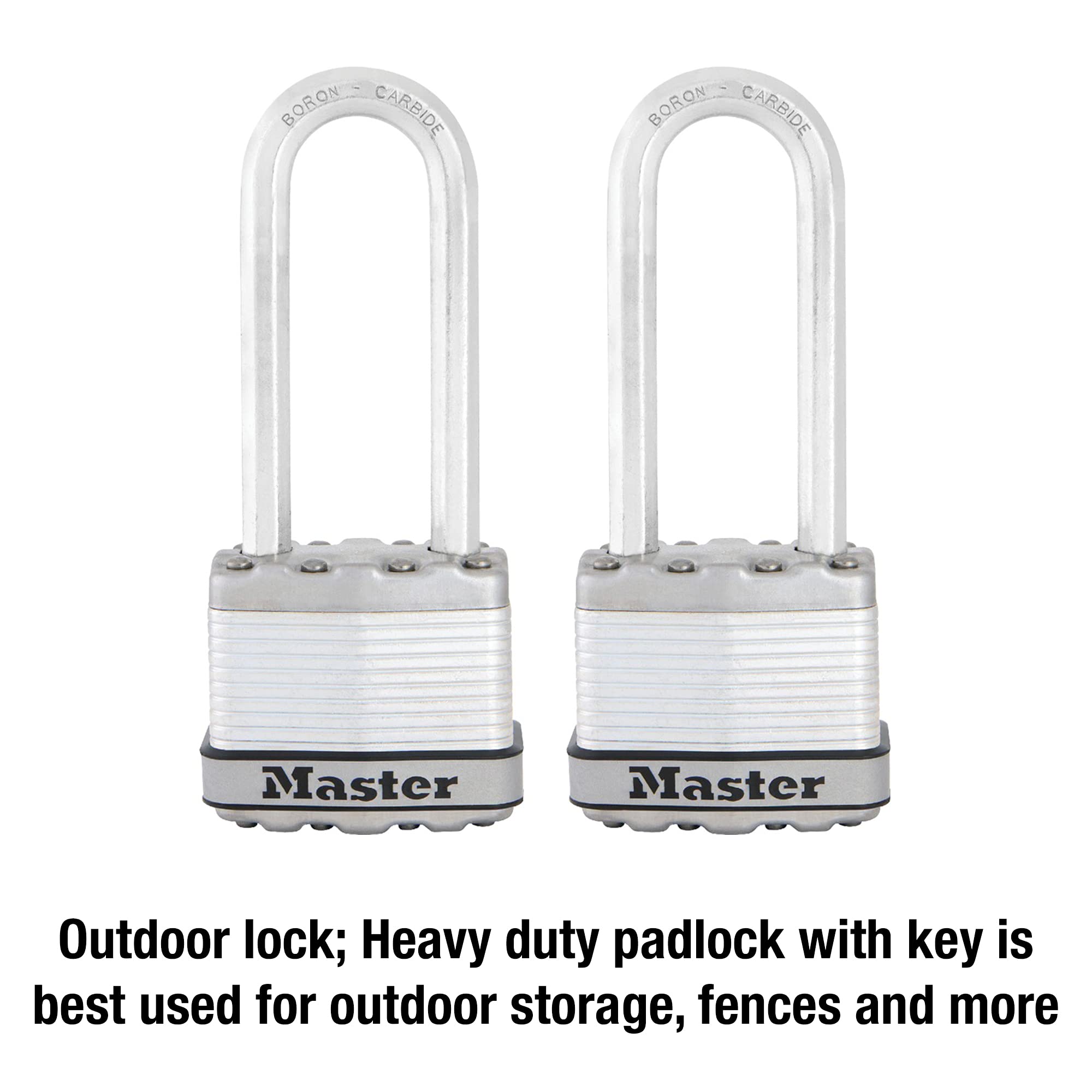 Master Lock M1XTLJ shackle close-up highlighting boron-carbide resistance.