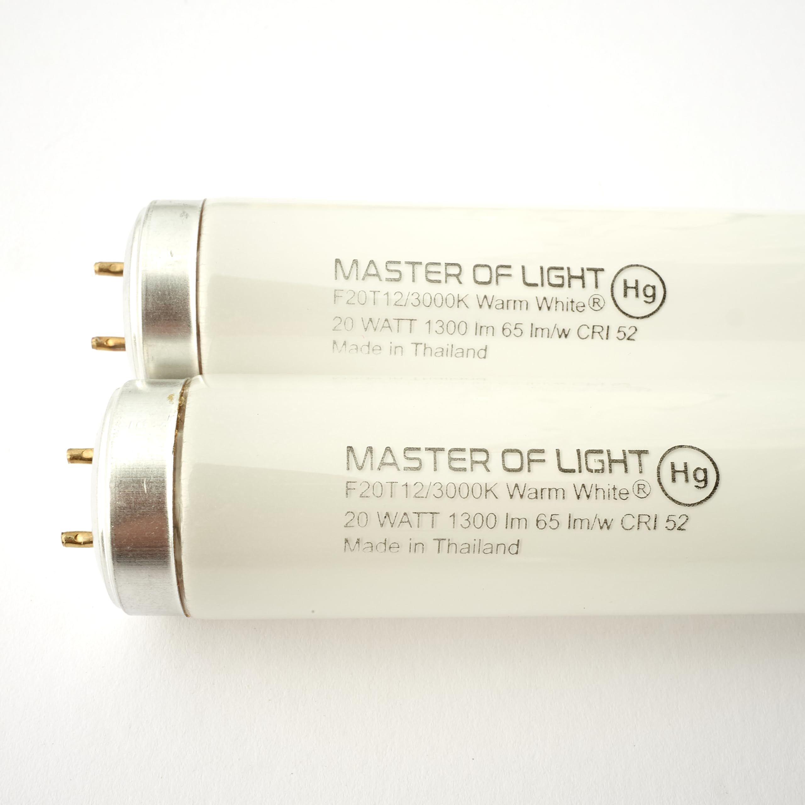 Master Of Light F20T12 two-pack front view, compact 2ft tubes ideal for quick kitchen or garage replacements.