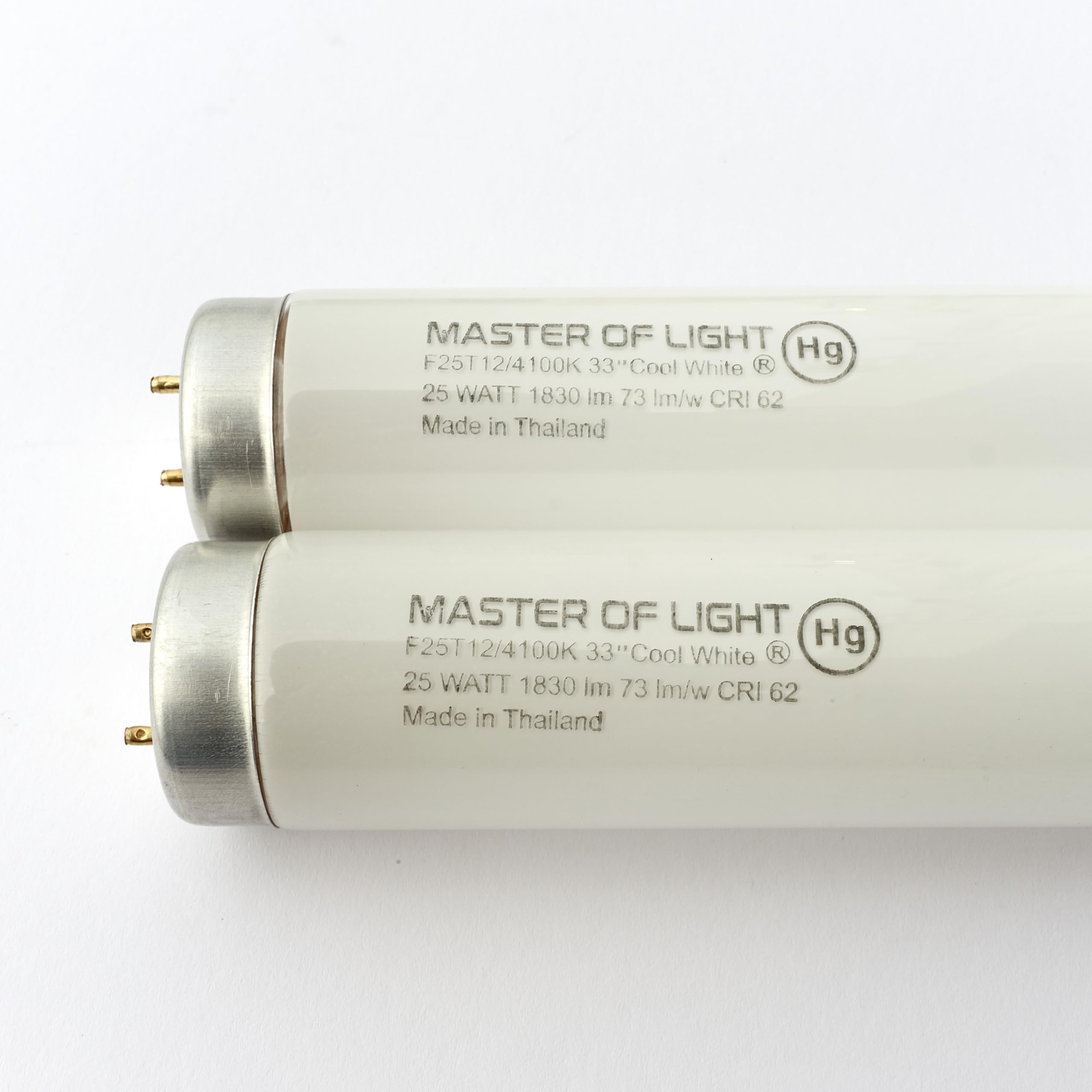 Master Of Light F25T12CW33 bulb closeup for display lighting and sign illumination.