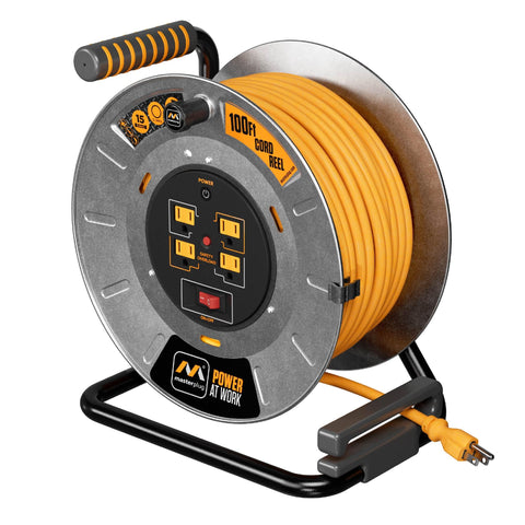 Masterplug 100 ft cord reel with metal drum for durable outdoor power