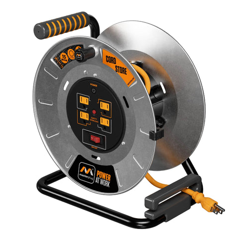 Masterplug 1ft cord reel with metal drum for compact, portable power.