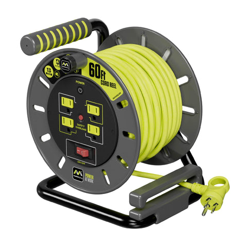 Masterplug 60ft cord reel with winding handle for easy, tangle-free setup and long reach
