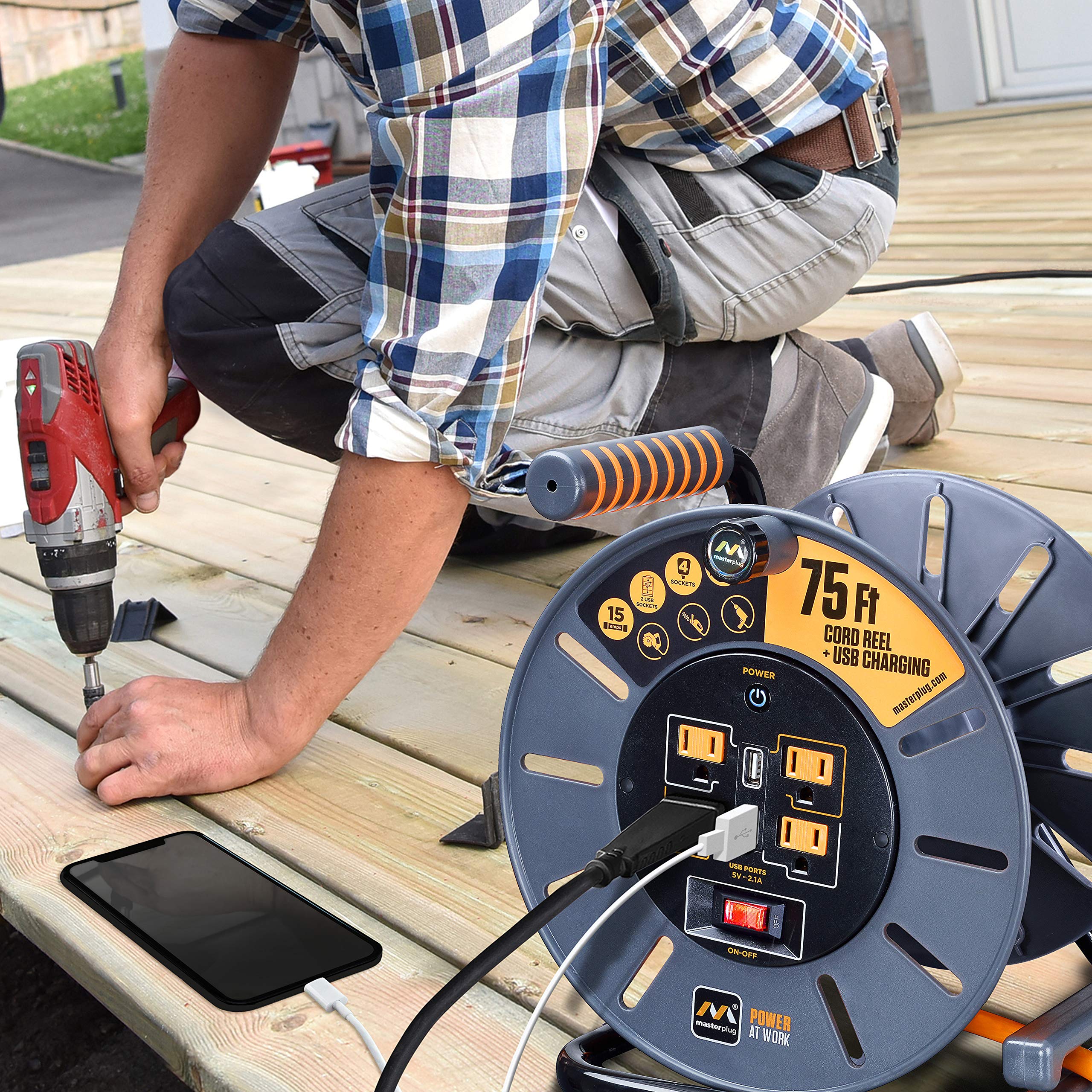 Masterplug 75ft cord reel compact design for tidy storage after a job