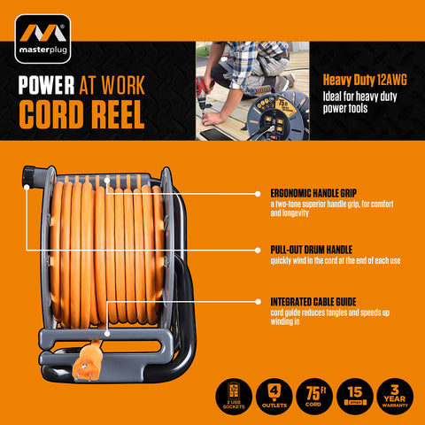 Masterplug 75ft cord reel four outlets powering tools and chargers at once