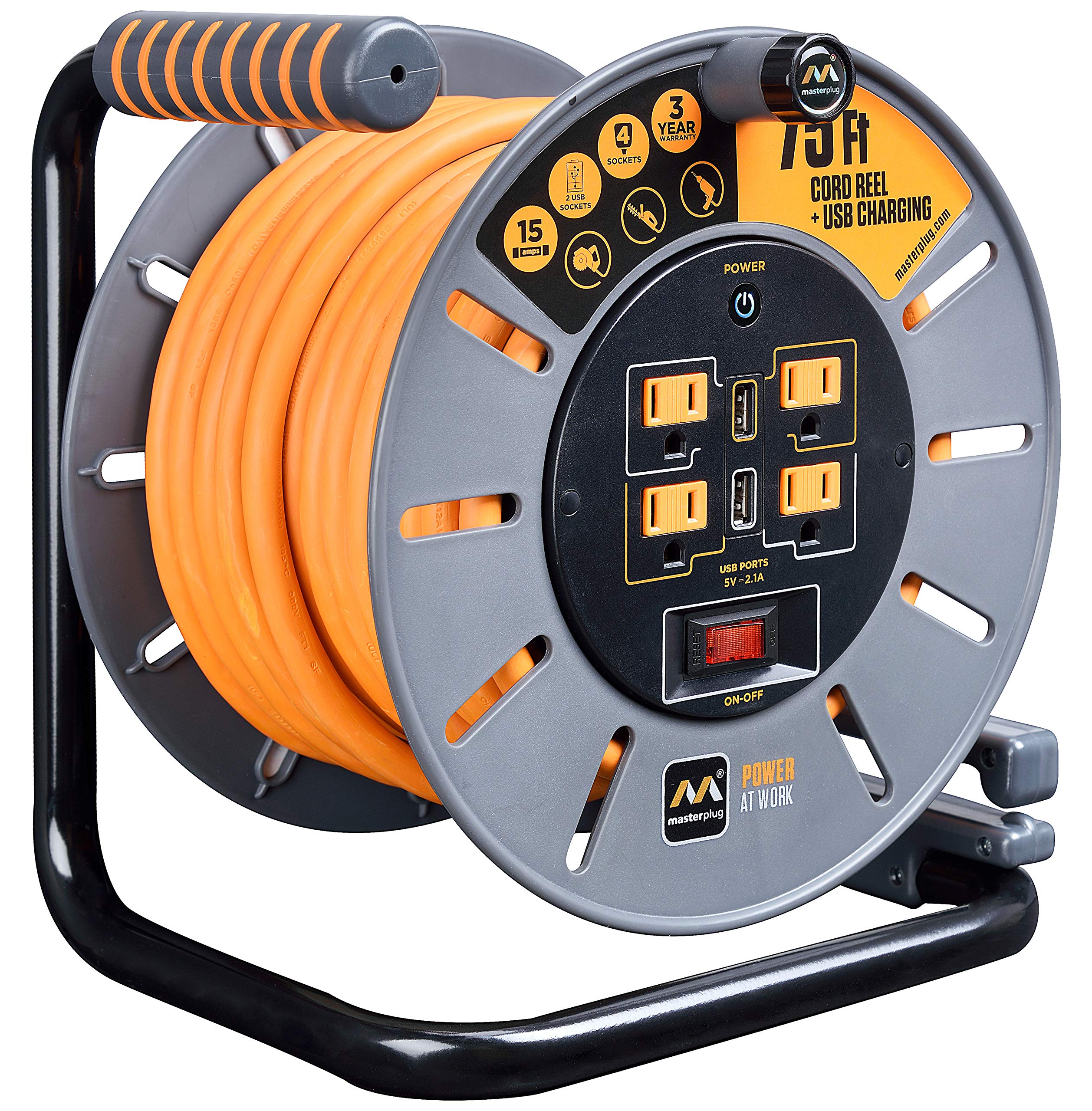 Masterplug 75ft cord reel in use on a work site powers multiple tools