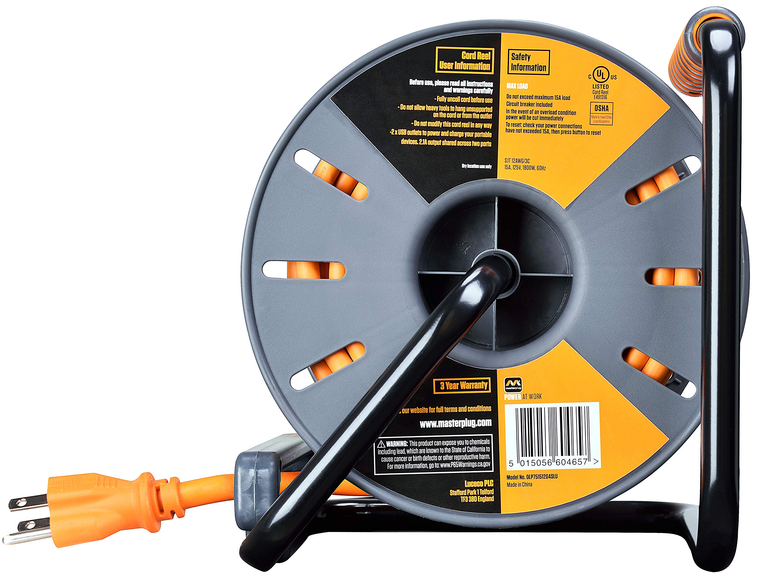 Masterplug 75ft cord reel safety breaker close-up shows added protection during heavy tasks