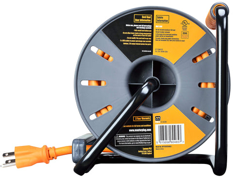 Masterplug 75ft cord reel safety breaker close-up shows added protection during heavy tasks