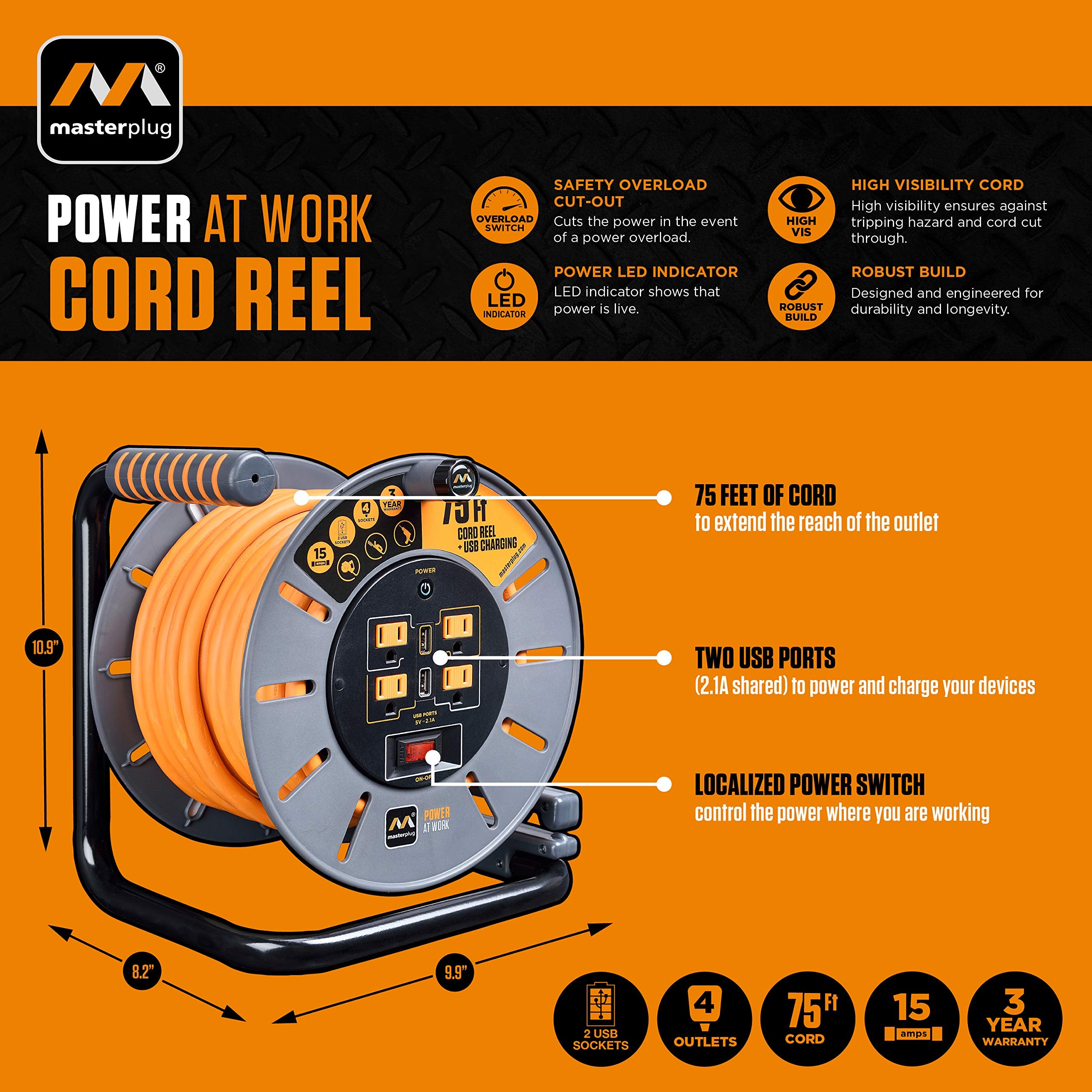 Masterplug 75ft cord reel with USB ports enables convenient device charging on the go