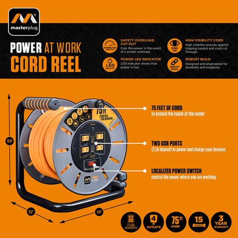Masterplug 75ft cord reel with USB ports enables convenient device charging on the go