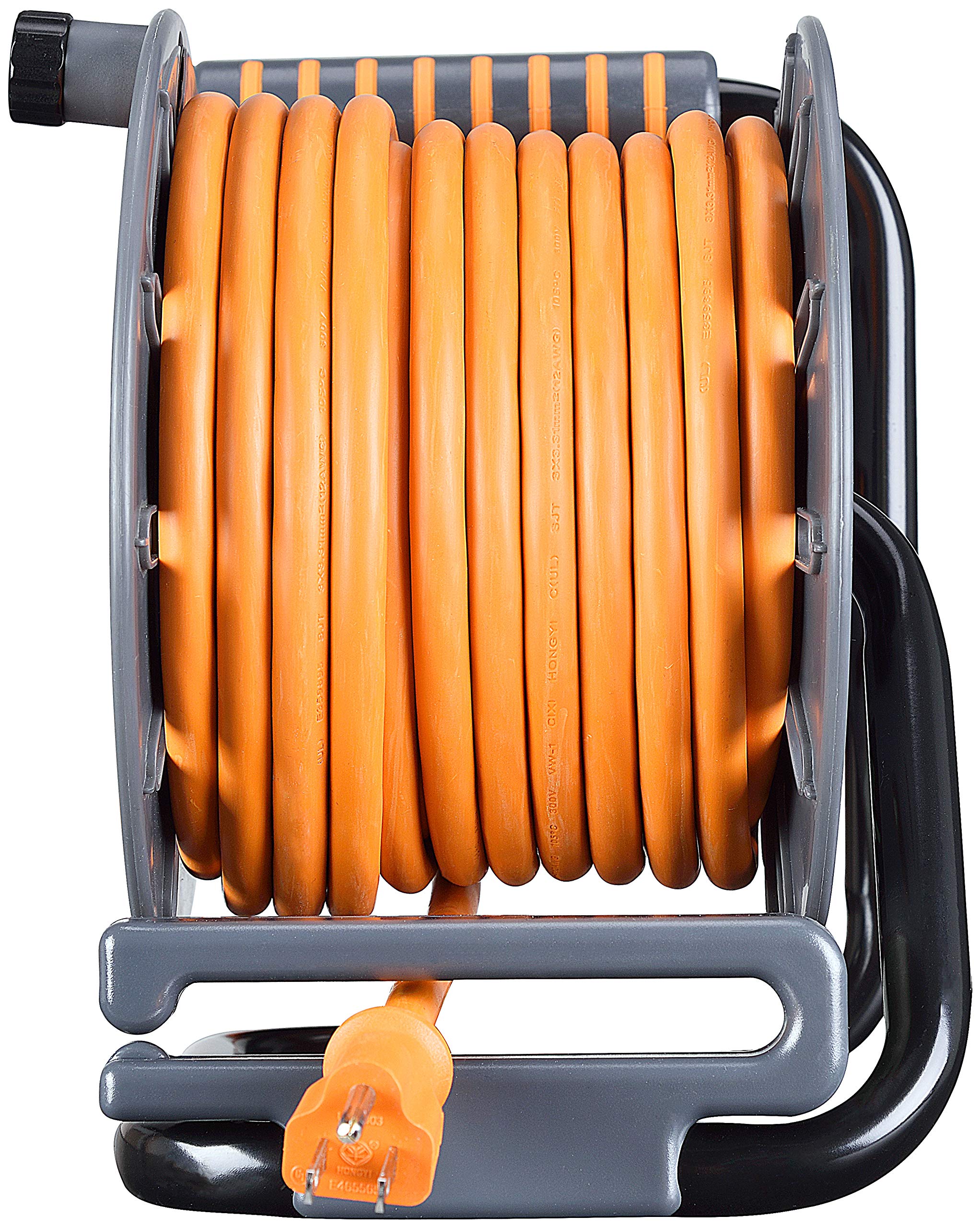 Masterplug 75ft cord reel wind handle demonstrates easy cord winding and tangled storage