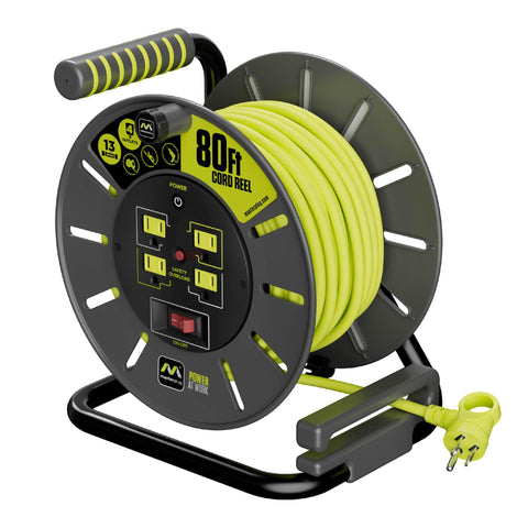 Masterplug 80ft cord reel with wind handle for easy, tangle-free setup on job sites.