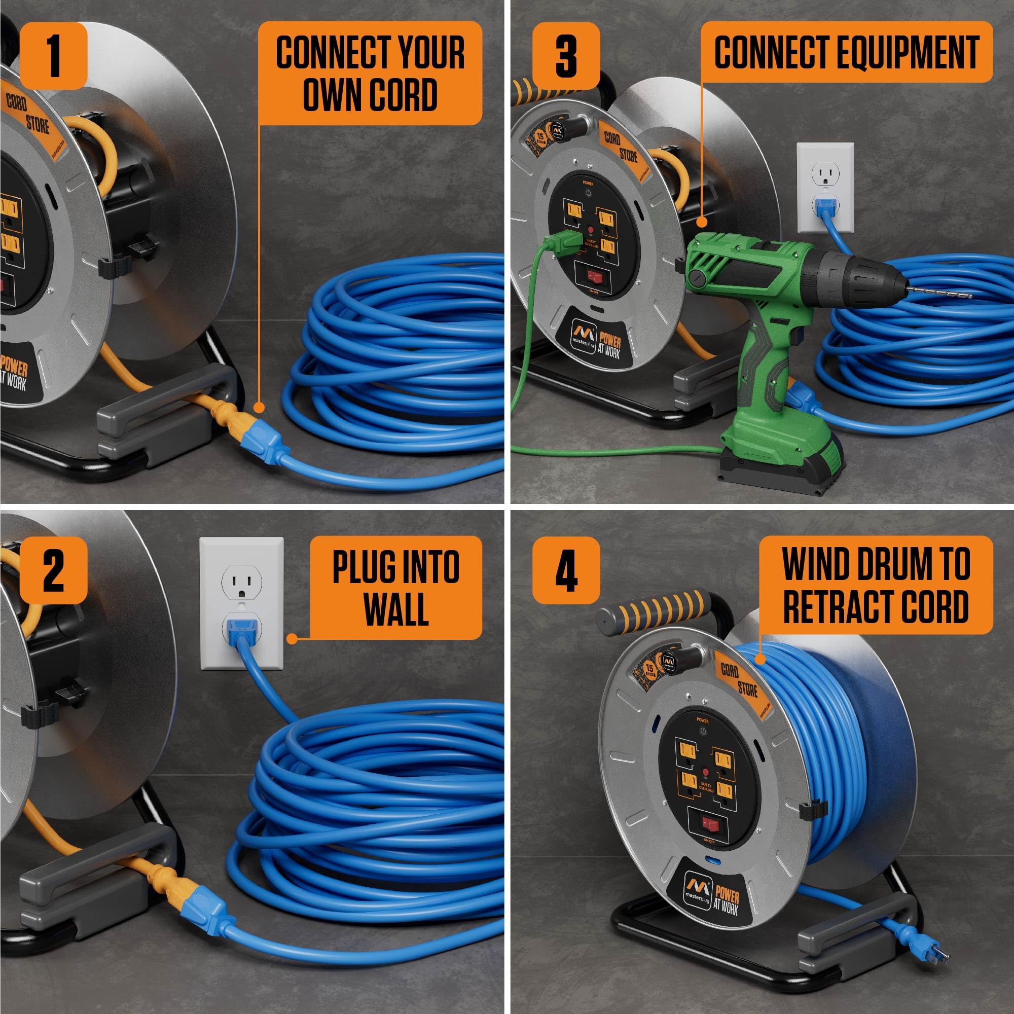 Masterplug extension lead with four outlets powers multiple tools safely.