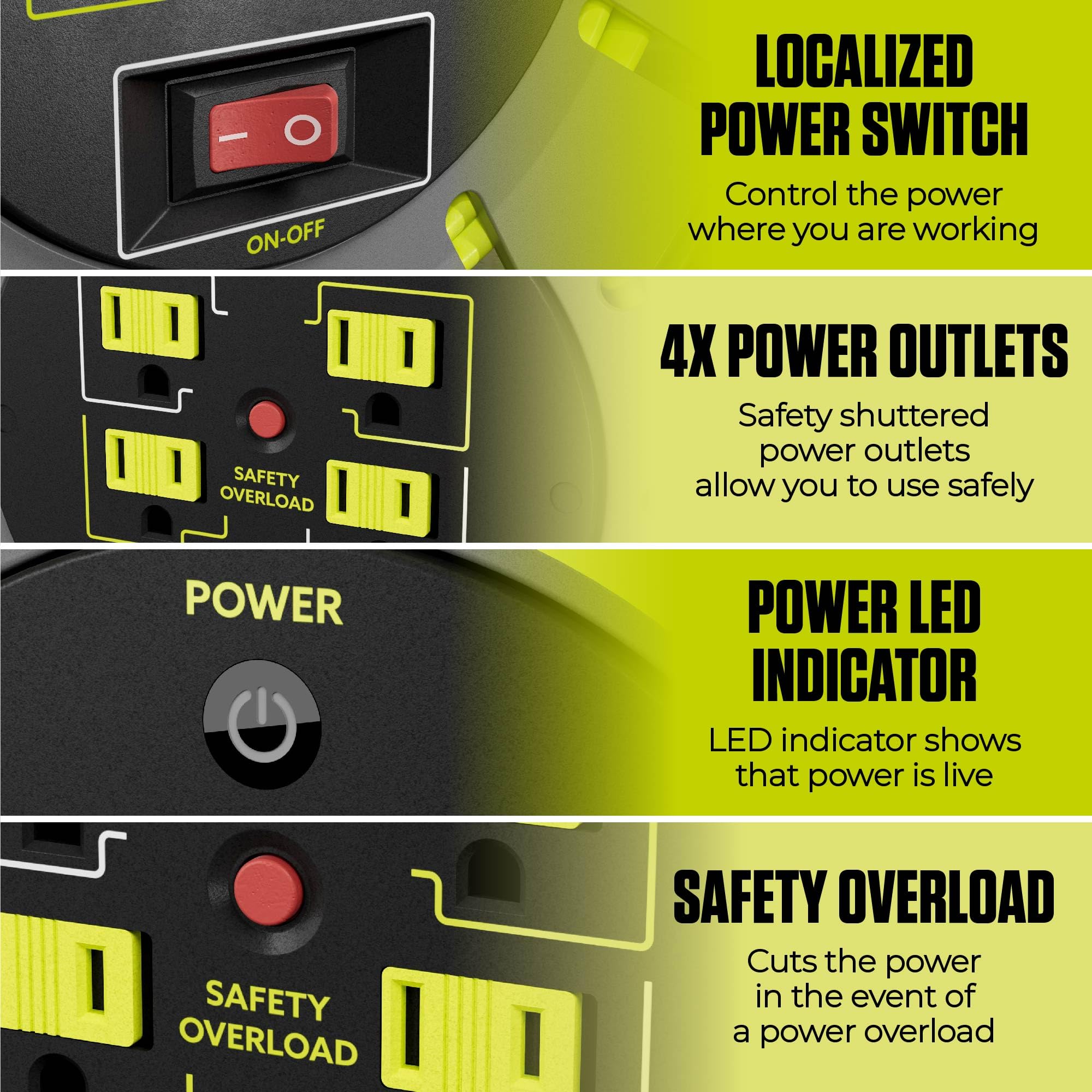 Masterplug four-outlet reel provides multiple device power at workshops and outdoor events.