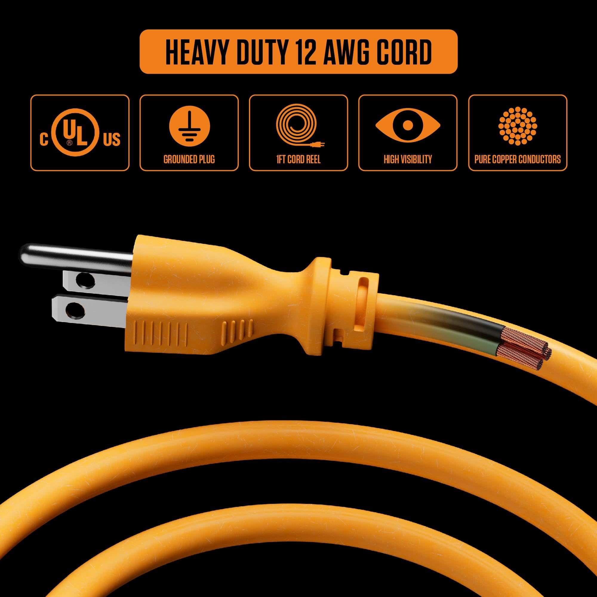 Masterplug high-visibility 12AWG cord helps locate the reel quickly.