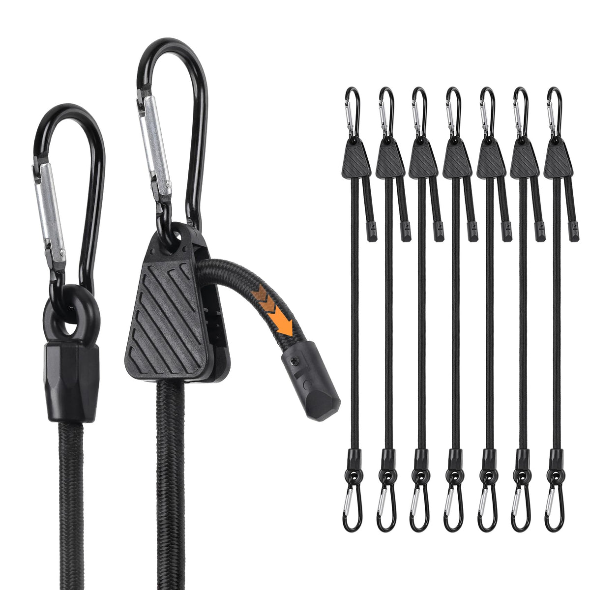 Masterwise 8PCS adjustable bungee cords length adjustment enables versatile cargo securing.