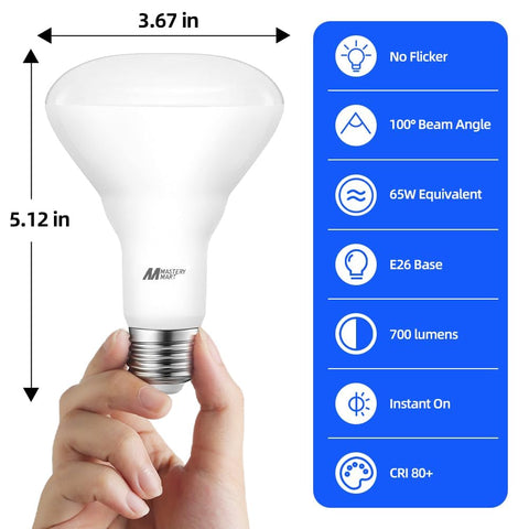 MASTERY MART BR30 LED bulbs showing 65W-equivalent efficiency for energy savings