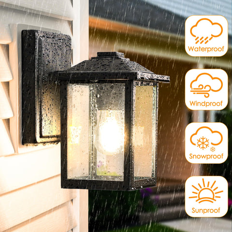 MATAMEYE outdoor wall lantern anti-rust finish protects the metal frame in harsh weather.