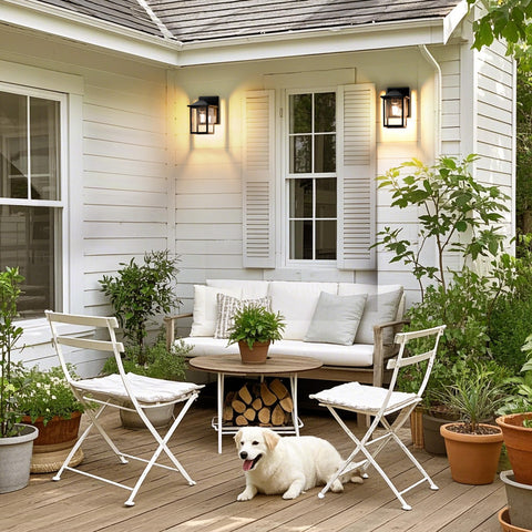 MATAMEYE outdoor wall lantern at entryway lit mood for curb appeal.