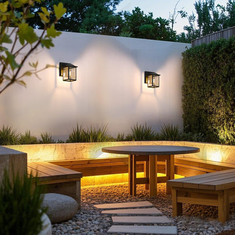 MATAMEYE outdoor wall lantern night illumination greeting guests.