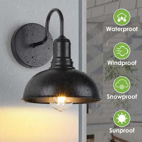 MATAMEYE wall sconce at dusk adds warm exterior ambience for porches.
