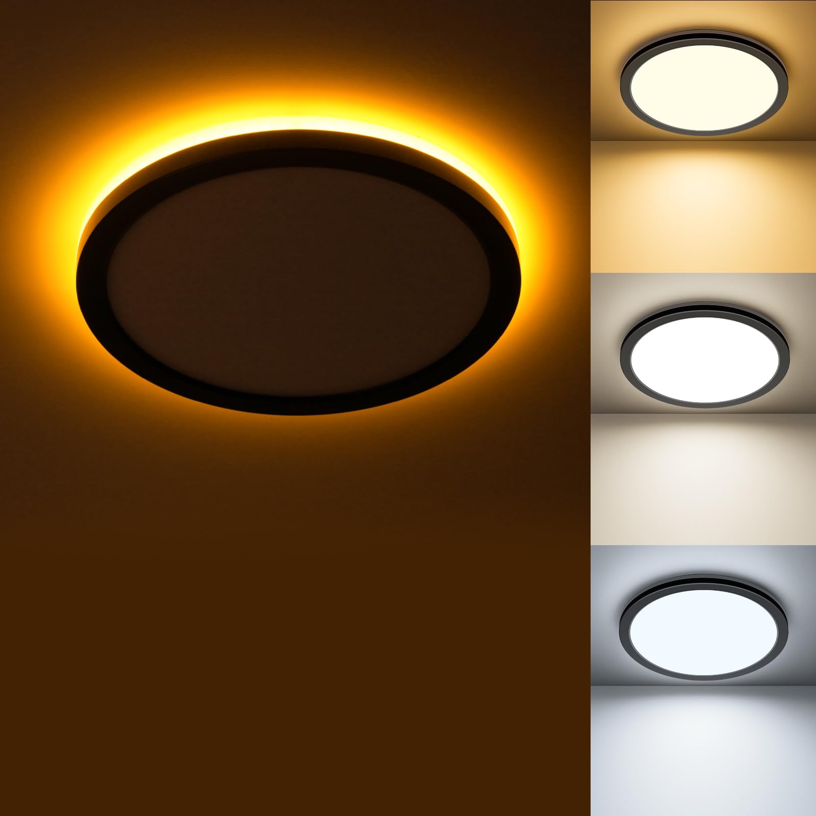 Matane round black flush mount with night light adds cosy ambiance to a bedroom.