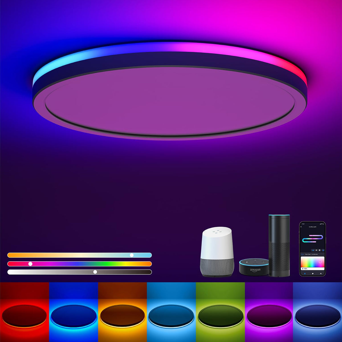Matane smart LED ceiling light, front view, adds a sleek, modern bedroom look
