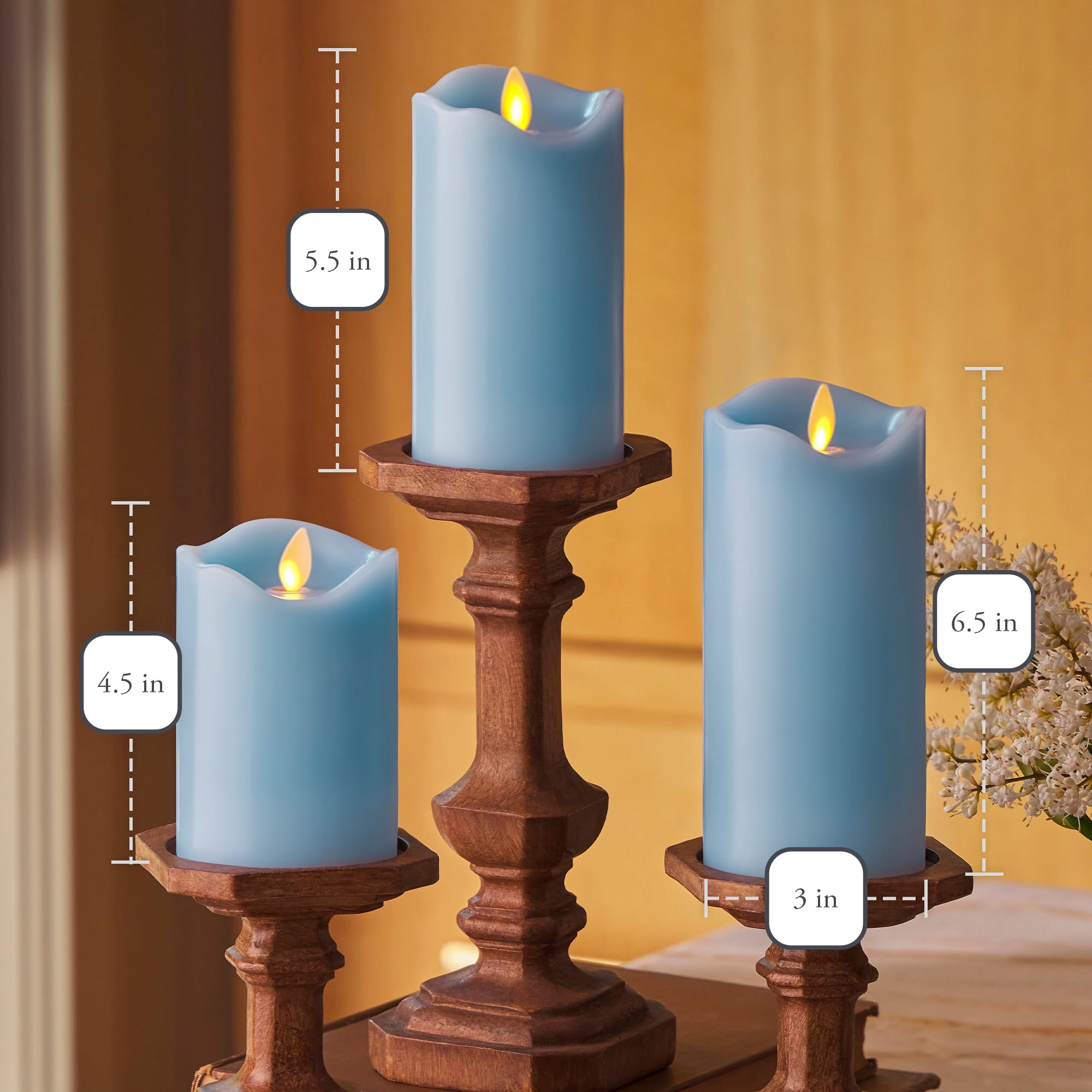 Matchless Candle Co. pastel blue flameless set runs on two AA batteries for long use.