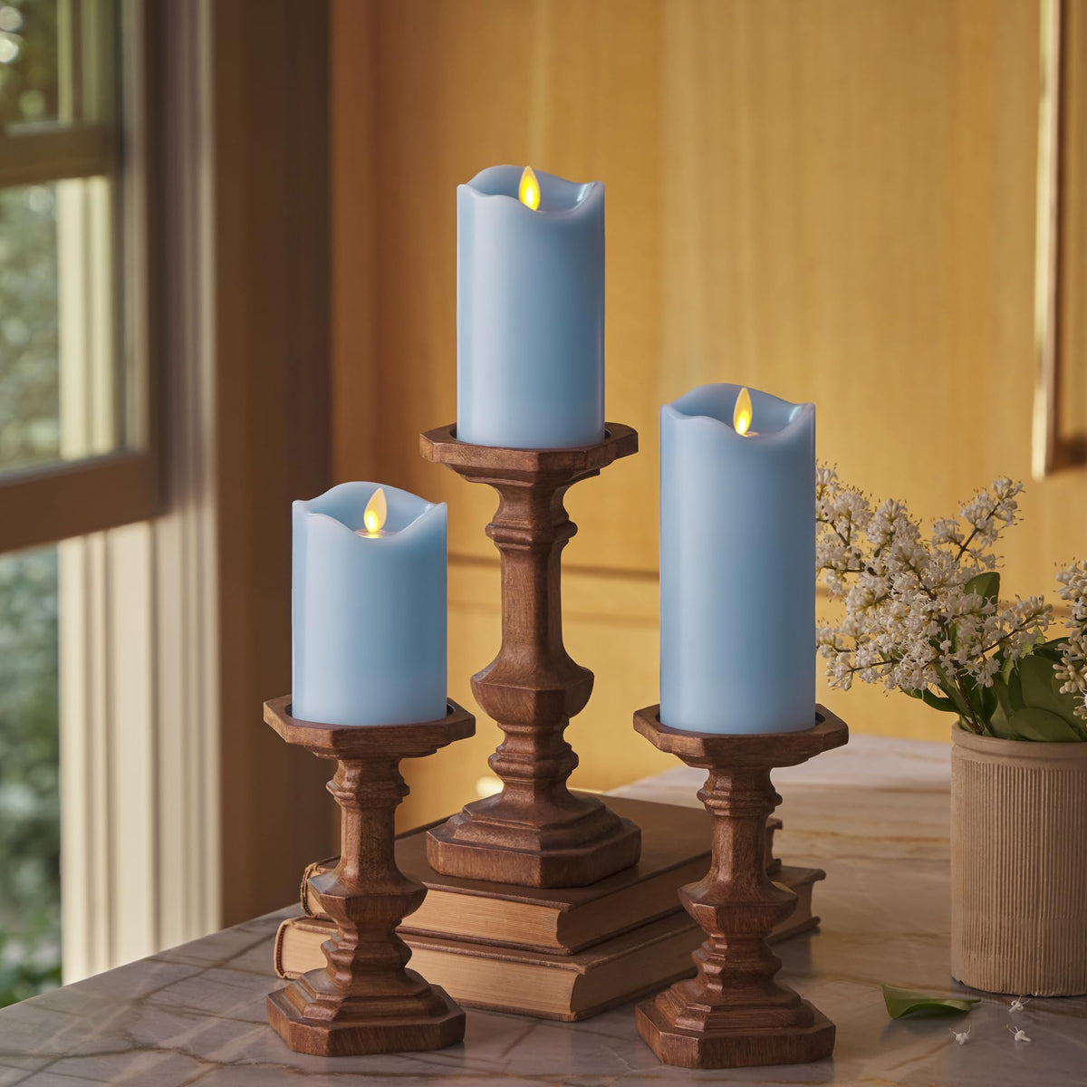 Matchless Candle Co. Luminara pastel blue flameless pillar with melted-edge finish for safe ambiance.
