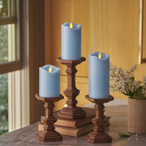 Matchless Candle Co. Luminara pastel blue flameless pillar with melted-edge finish for safe ambiance.