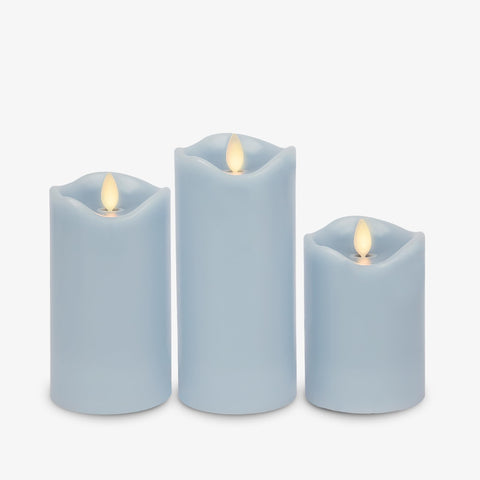 Matchless Candle Co. pastel blue flameless candle with moving flame adds warm ambiance.
