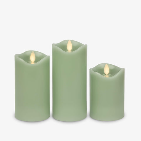 Matchless Candle Co. Luminara pastel-green 5.5-inch pillar candle for warm indoor ambience.