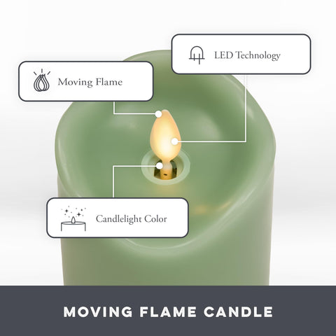 Matchless Candle Co. Luminara pastel-green 6.5-inch pillar candle for spacious rooms.