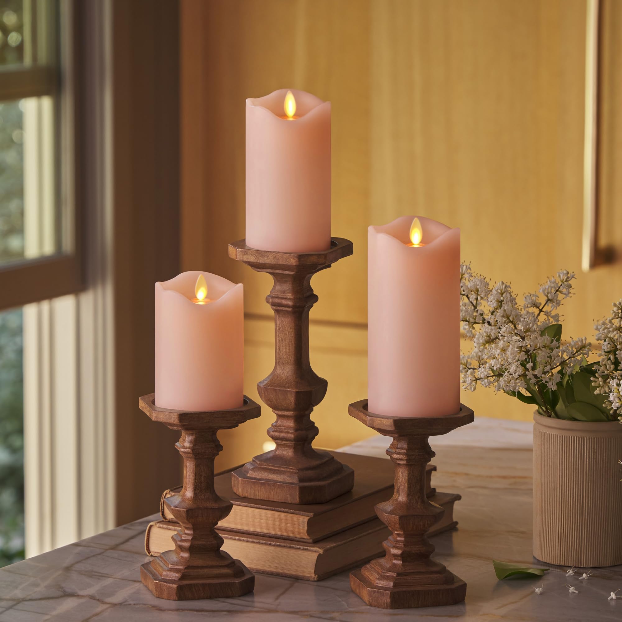 Matchless Candle Co. pastel pink pillar candles set of three for safe indoor ambiance
