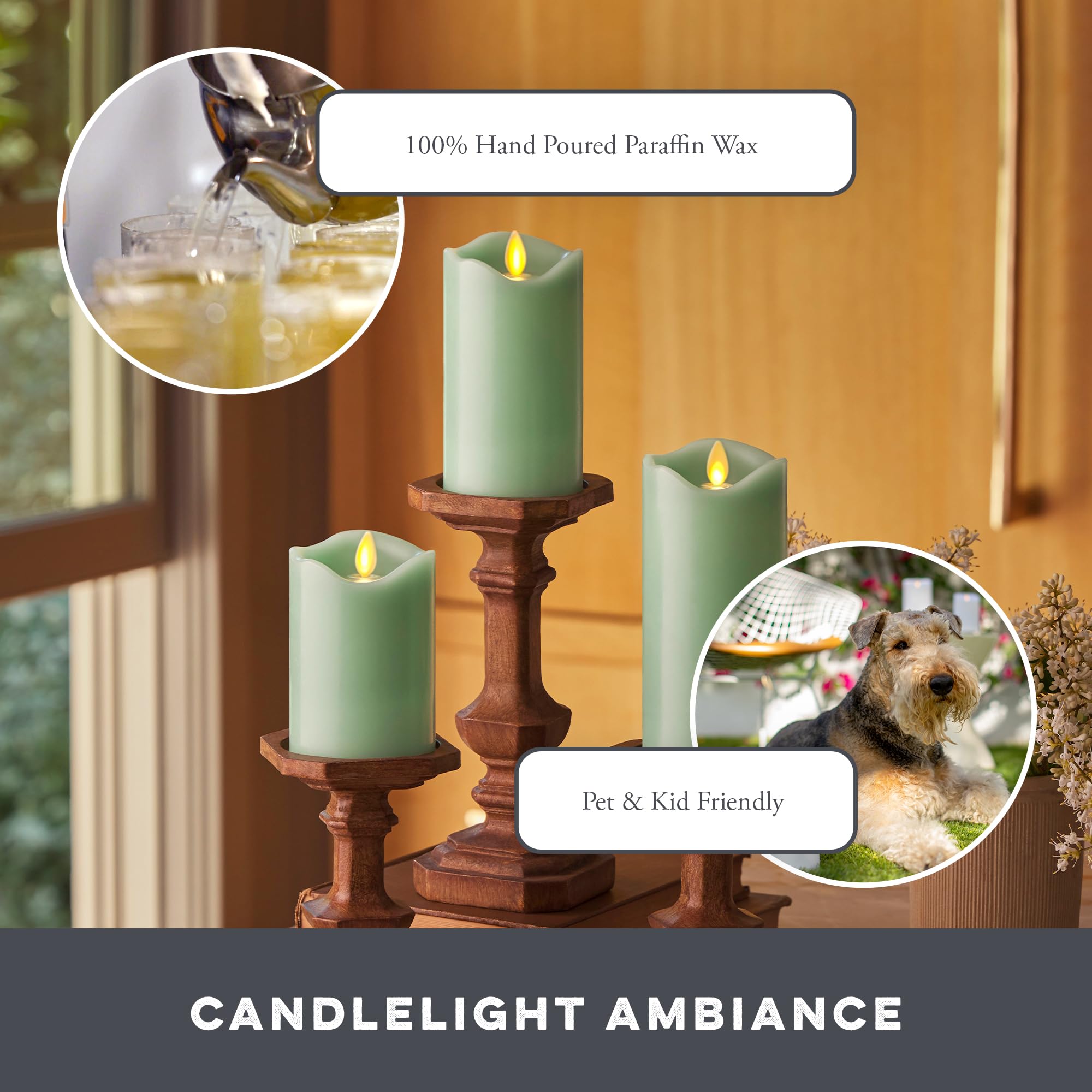 Matchless Candle Co. Luminara real-wax smooth finish close-up on pastel-green candle.